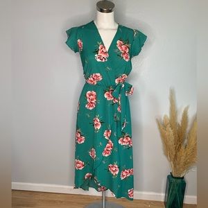 SOLD Dream Of Me Green Floral Hilo Hem Wrap Front Boho Flounce Maxi Dress Sm